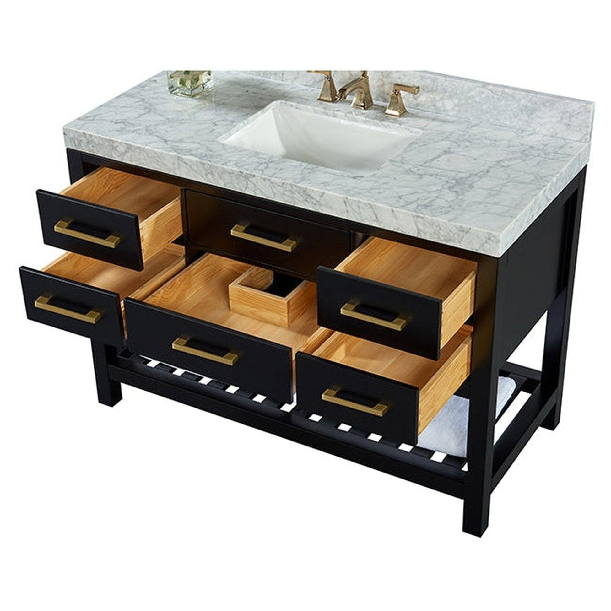 Ancerre Designs Elizabeth 48" Black Onyx 5-Drawers, 1-Shelf Bathroom Vanity With Italian Carrara White Marble Vanity Top, Single Undermount Ceramic Sink, 4" Solid Wood Backsplash and Satin Brushed Gold Hardware