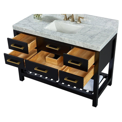 Ancerre Designs Elizabeth 48" Black Onyx 5-Drawers, 1-Shelf Bathroom Vanity With Italian Carrara White Marble Vanity Top, Single Undermount Ceramic Sink, 4" Solid Wood Backsplash and Satin Brushed Gold Hardware