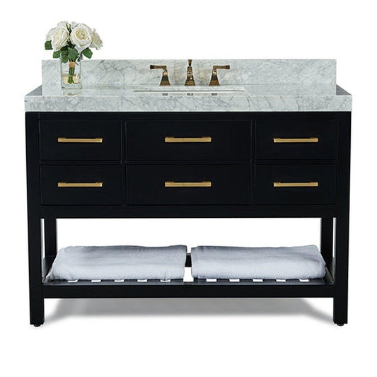 Ancerre Designs Elizabeth 48" Black Onyx 5-Drawers, 1-Shelf Bathroom Vanity With Italian Carrara White Marble Vanity Top, Single Undermount Ceramic Sink, 4" Solid Wood Backsplash and Satin Brushed Gold Hardware