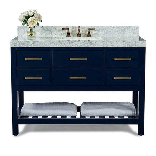 Ancerre Designs Elizabeth 48" Heritage Blue 5-Drawer,1-Shelve Bathroom Vanity With Italian Carrara White Marble Vanity Top, Single Undermount Ceramic Sink, 4" Solid Wood Backsplash and Satin Brushed Gold Hardware