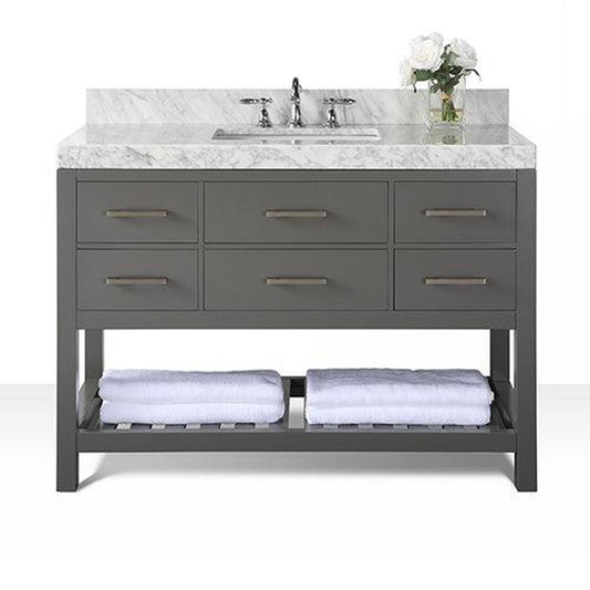 Ancerre Designs Elizabeth 48" Sapphire Gray 5-Drawer 1-Shelve Bathroom Vanity With Italian Carrara White Marble Vanity Top, Single Undermount Ceramic Sink, 4" Solid Wood Backsplash and Brushed Nickel Finish Hardware
