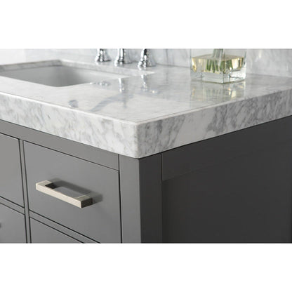 Ancerre Designs Elizabeth 48" Sapphire Gray 5-Drawer 1-Shelve Bathroom Vanity With Italian Carrara White Marble Vanity Top, Single Undermount Ceramic Sink, 4" Solid Wood Backsplash and Brushed Nickel Finish Hardware