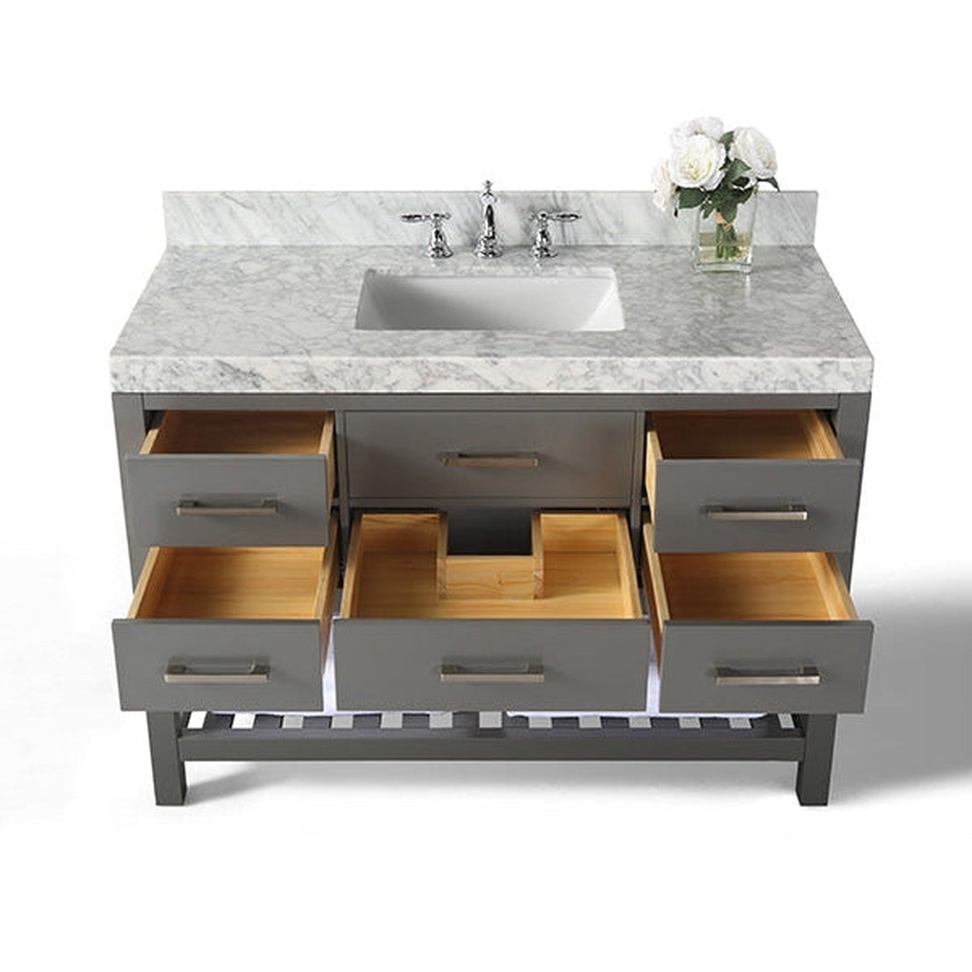 Ancerre Designs Elizabeth 48" Sapphire Gray 5-Drawer 1-Shelve Bathroom Vanity With Italian Carrara White Marble Vanity Top, Single Undermount Ceramic Sink, 4" Solid Wood Backsplash and Brushed Nickel Finish Hardware