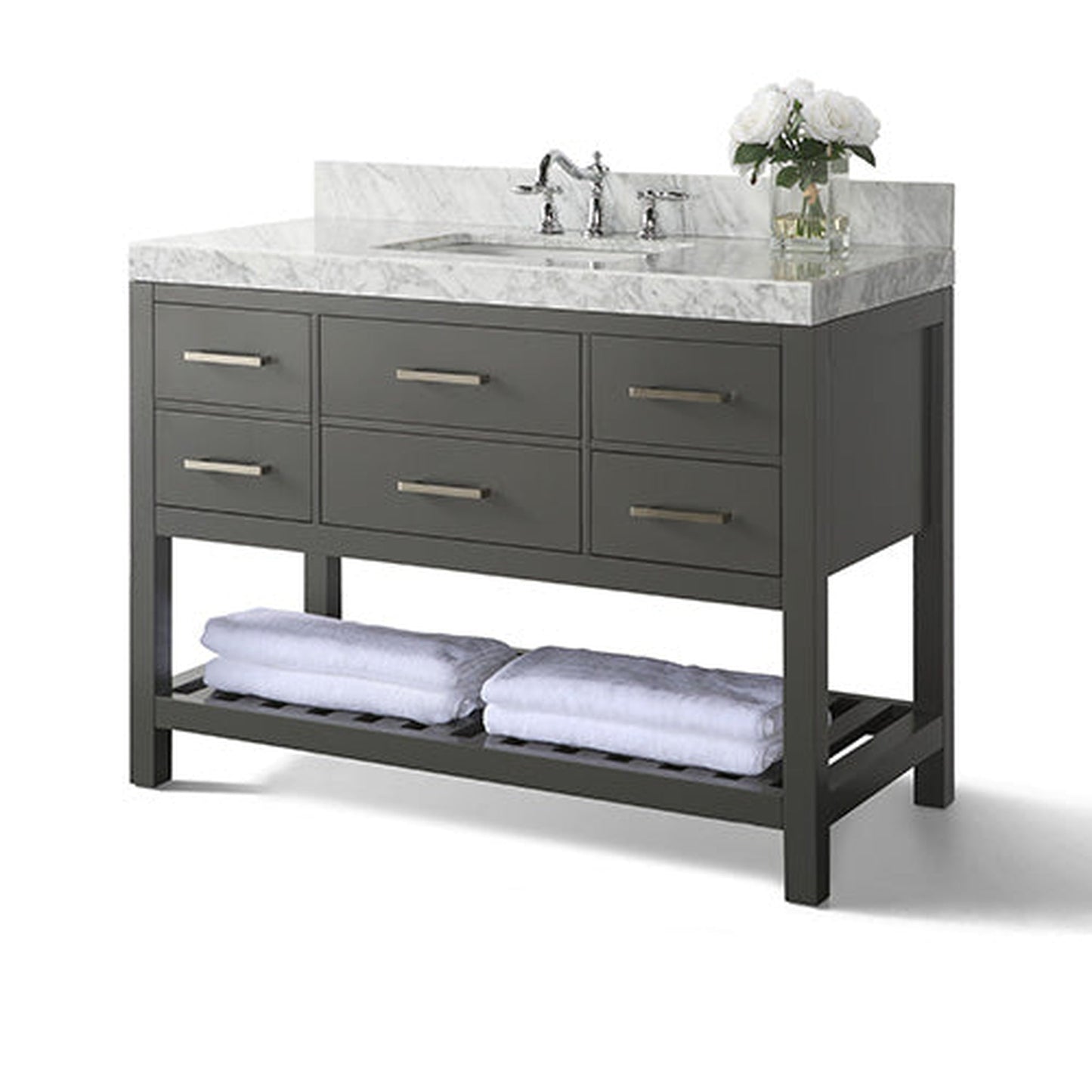 Ancerre Designs Elizabeth 48" Sapphire Gray 5-Drawer 1-Shelve Bathroom Vanity With Italian Carrara White Marble Vanity Top, Single Undermount Ceramic Sink, 4" Solid Wood Backsplash and Brushed Nickel Finish Hardware