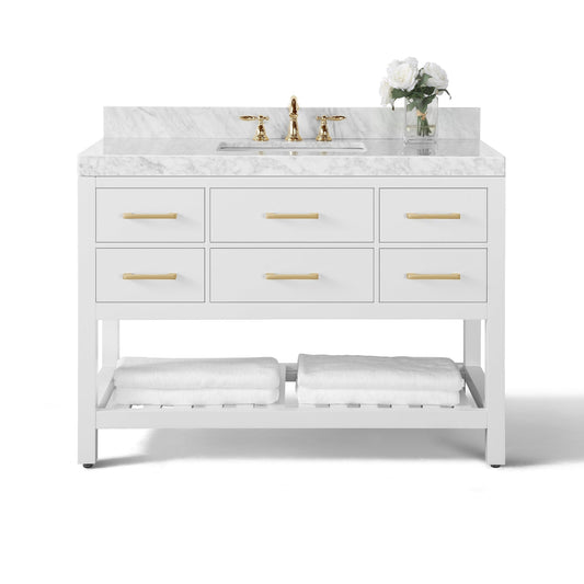 Ancerre Designs Elizabeth 48" White 5-Drawer 1-Shelf Bathroom Vanity With Italian Carrara White Marble Vanity Top, Single Undermount Ceramic Sink and 4" Solid Wood Backsplash and Satin Brushed Gold Hardware