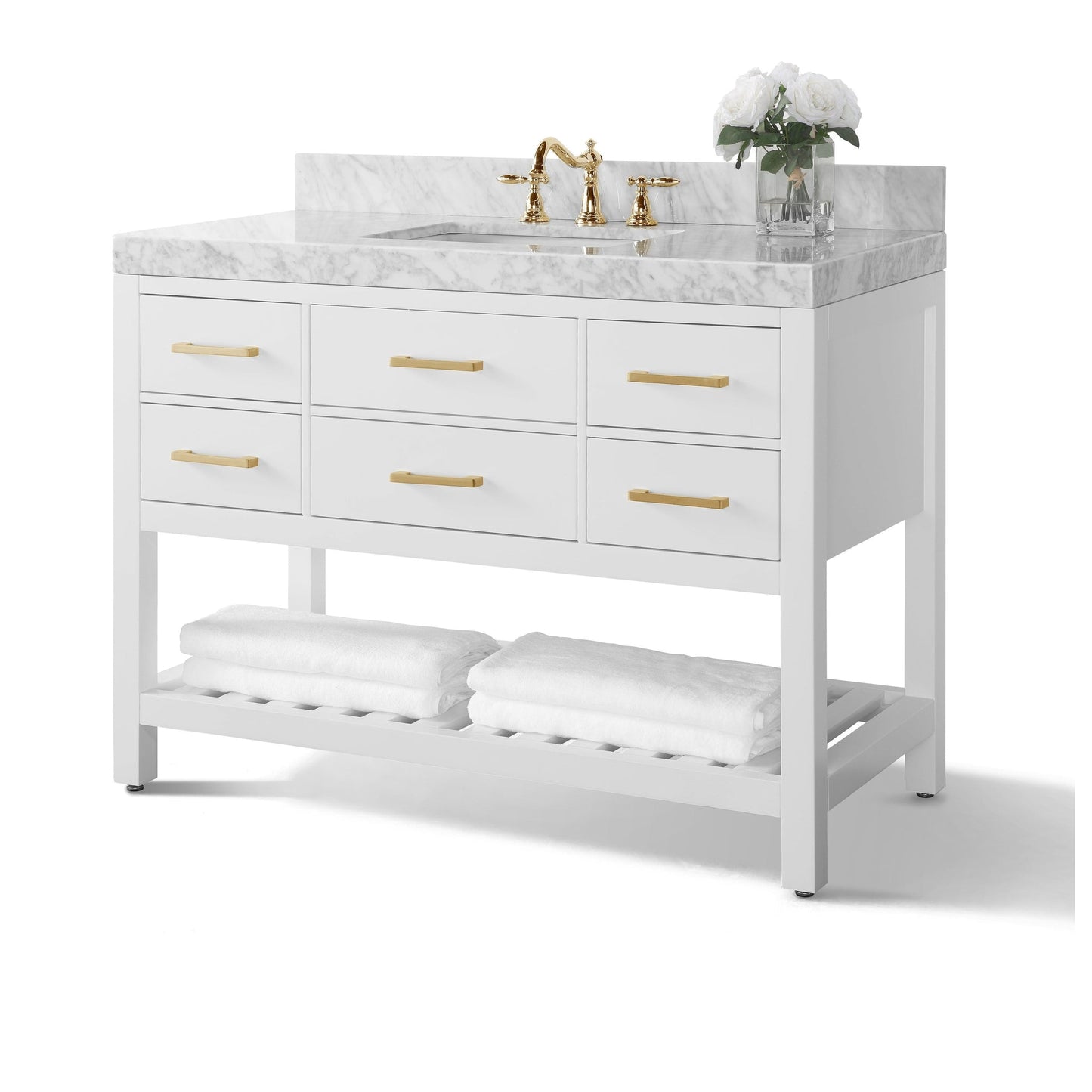 Ancerre Designs Elizabeth 48" White 5-Drawer 1-Shelf Bathroom Vanity With Italian Carrara White Marble Vanity Top, Single Undermount Ceramic Sink and 4" Solid Wood Backsplash and Satin Brushed Gold Hardware