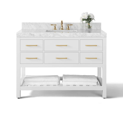 Ancerre Designs Elizabeth 48" White 5-Drawer 1-Shelf Bathroom Vanity With Italian Carrara White Marble Vanity Top, Single Undermount Ceramic Sink and 4" Solid Wood Backsplash and Satin Brushed Gold Hardware