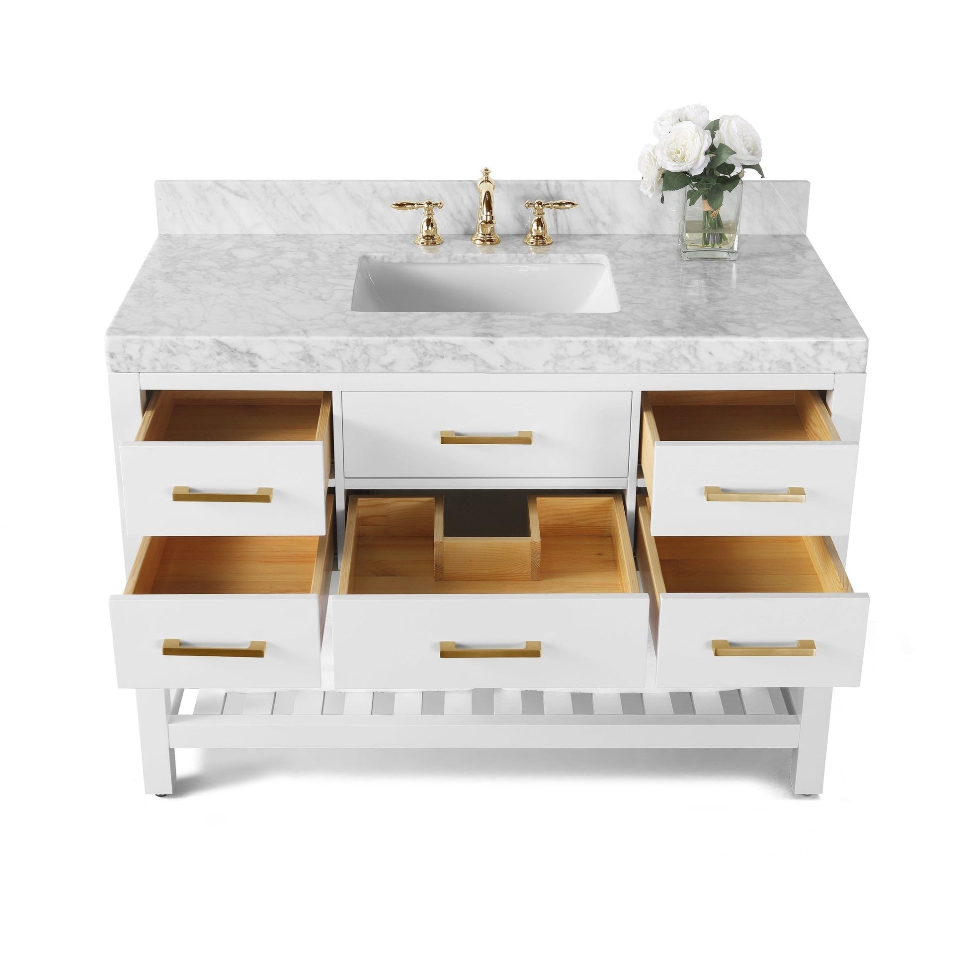 Ancerre Designs Elizabeth 48" White 5-Drawer 1-Shelf Bathroom Vanity With Italian Carrara White Marble Vanity Top, Single Undermount Ceramic Sink and 4" Solid Wood Backsplash and Satin Brushed Gold Hardware