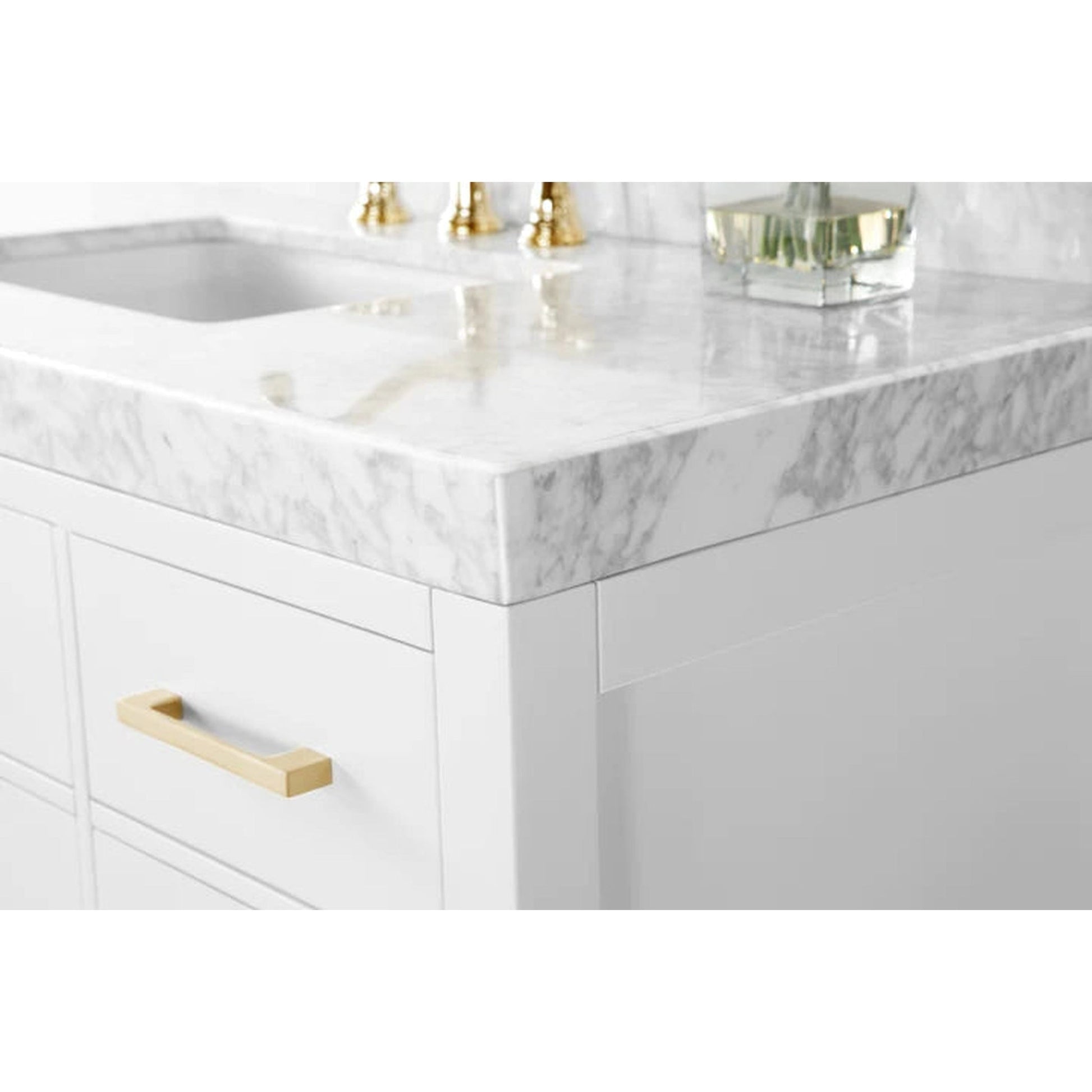 Ancerre Designs Elizabeth 48" White 5-Drawer 1-Shelf Bathroom Vanity With Italian Carrara White Marble Vanity Top, Single Undermount Ceramic Sink and 4" Solid Wood Backsplash and Satin Brushed Gold Hardware