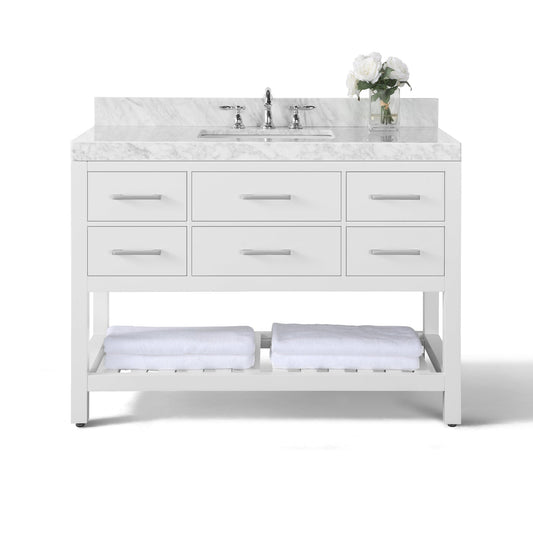 Ancerre Designs Elizabeth 48" White 5-Drawers 1-Shelf Bathroom Vanity With Italian Carrara White Marble Vanity Top, Single Undermount Ceramic Sink, 4" Solid Wood Backsplash and Brushed Nickel Finish Hardware