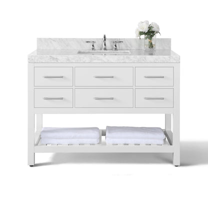 Ancerre Designs Elizabeth 48" White 5-Drawers 1-Shelf Bathroom Vanity With Italian Carrara White Marble Vanity Top, Single Undermount Ceramic Sink, 4" Solid Wood Backsplash and Brushed Nickel Finish Hardware