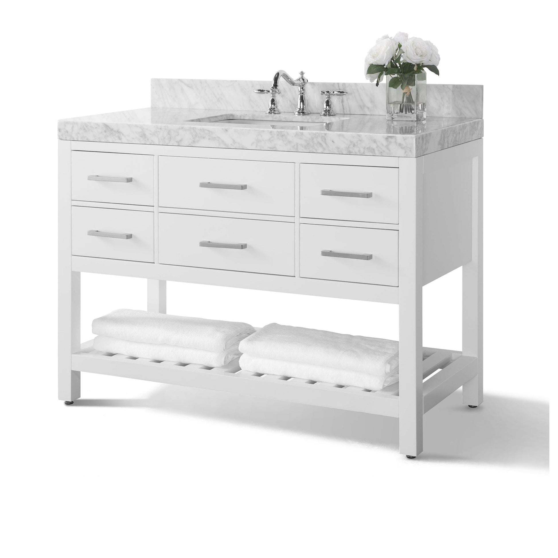 Ancerre Designs Elizabeth 48" White 5-Drawers 1-Shelf Bathroom Vanity With Italian Carrara White Marble Vanity Top, Single Undermount Ceramic Sink, 4" Solid Wood Backsplash and Brushed Nickel Finish Hardware