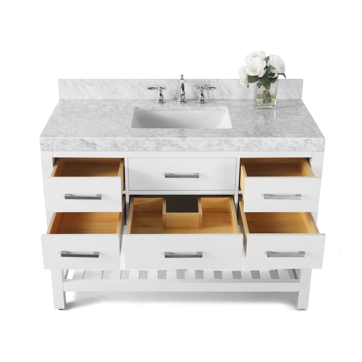 Ancerre Designs Elizabeth 48" White 5-Drawers 1-Shelf Bathroom Vanity With Italian Carrara White Marble Vanity Top, Single Undermount Ceramic Sink, 4" Solid Wood Backsplash and Brushed Nickel Finish Hardware