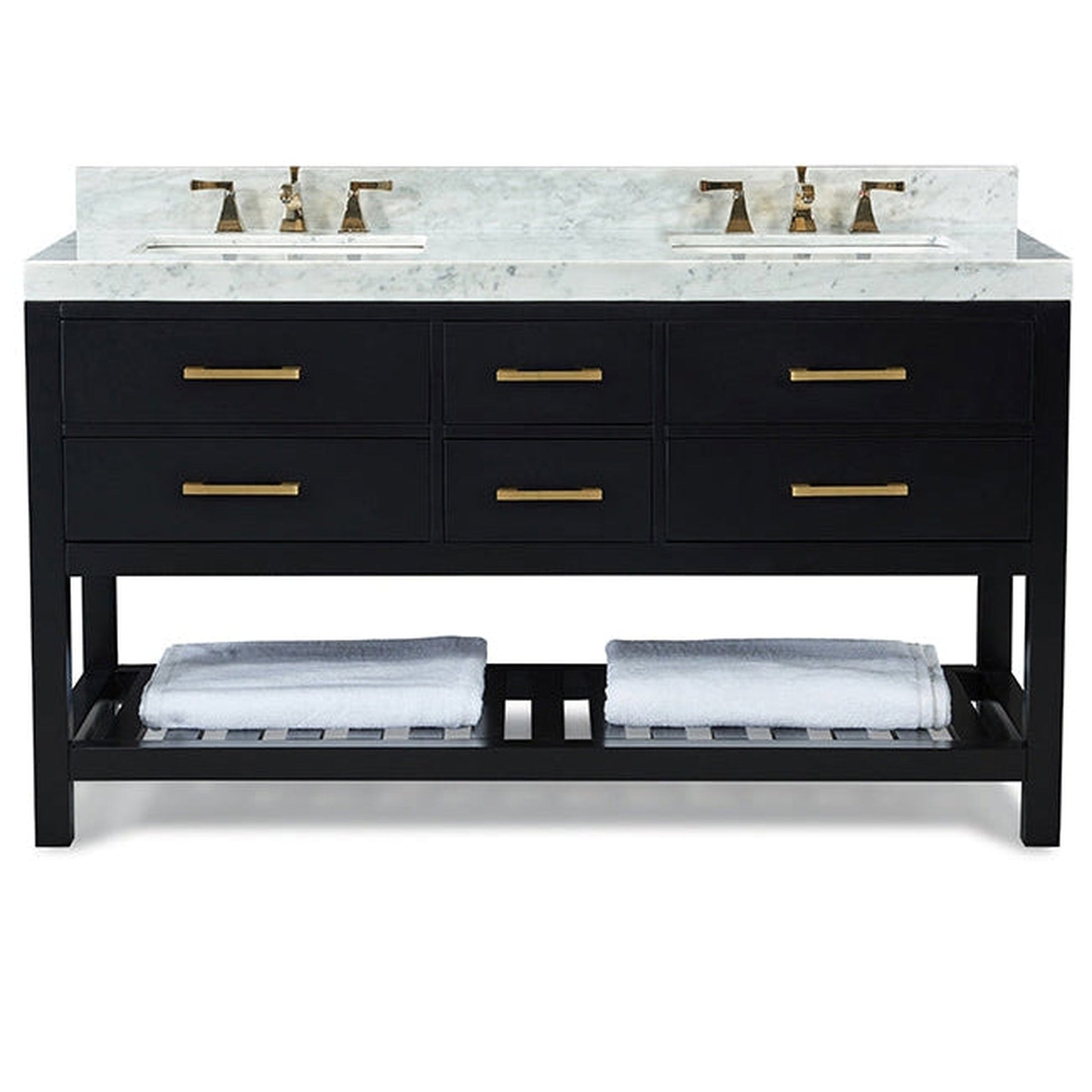 Ancerre Designs Elizabeth 60" Black Onyx 5-Drawer 1-Shelf Bathroom Vanity With Italian Carrara White Marble Vanity Top, Double Undermount Ceramic Sinks, 4" Solid Wood Backsplash and Satin Brushed Gold Hardware