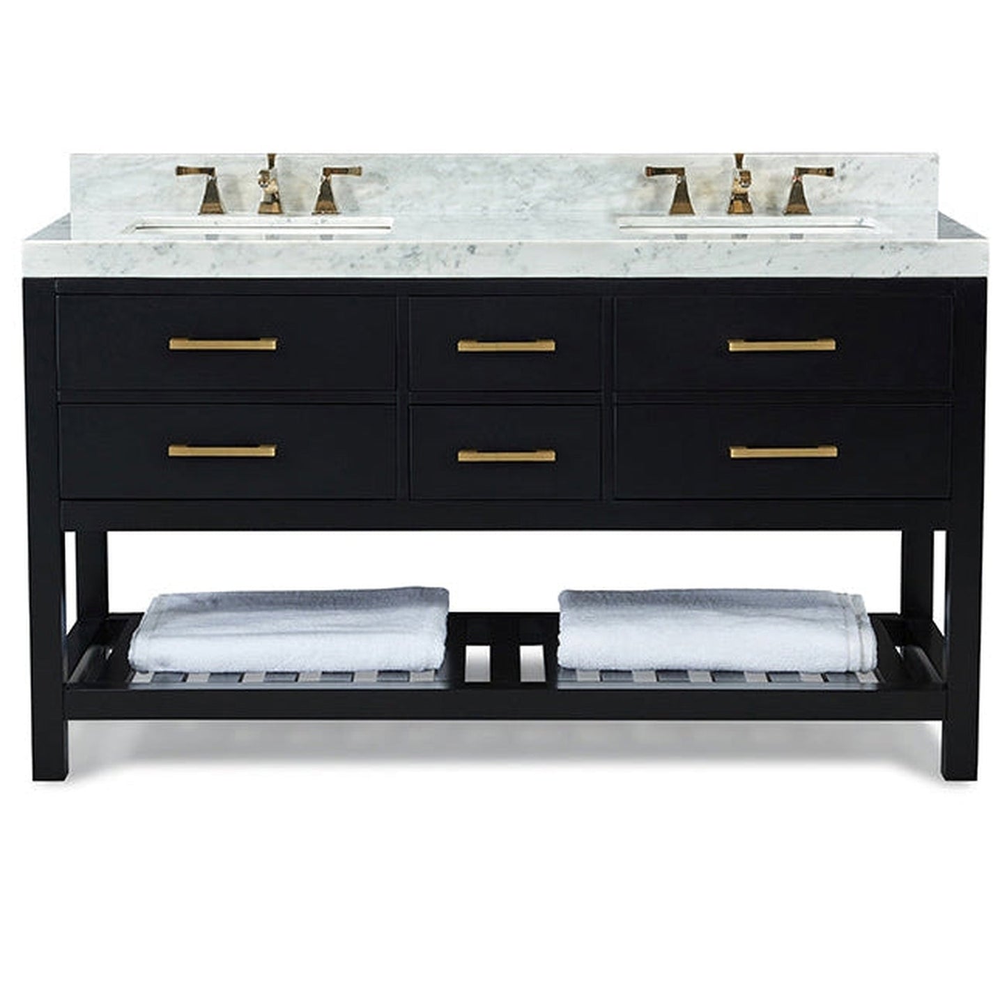 Ancerre Designs Elizabeth 60" Black Onyx 5-Drawer 1-Shelf Bathroom Vanity With Italian Carrara White Marble Vanity Top, Double Undermount Ceramic Sinks, 4" Solid Wood Backsplash and Satin Brushed Gold Hardware