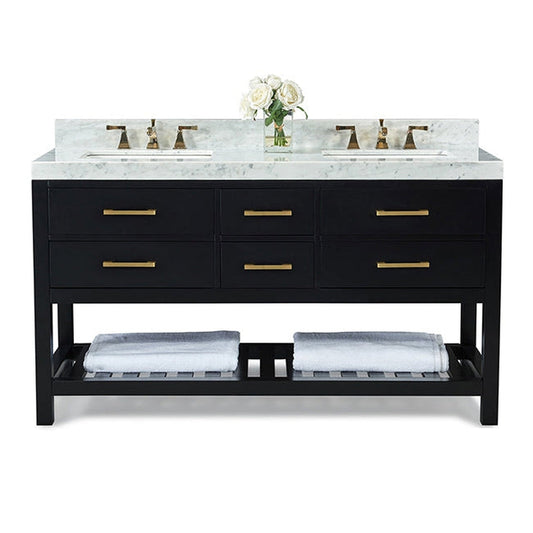 Ancerre Designs Elizabeth 60" Black Onyx 5-Drawer 1-Shelf Bathroom Vanity With Italian Carrara White Marble Vanity Top, Double Undermount Ceramic Sinks, 4" Solid Wood Backsplash and Satin Brushed Gold Hardware