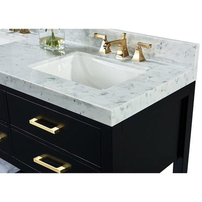 Ancerre Designs Elizabeth 60" Black Onyx 5-Drawer 1-Shelf Bathroom Vanity With Italian Carrara White Marble Vanity Top, Double Undermount Ceramic Sinks, 4" Solid Wood Backsplash and Satin Brushed Gold Hardware