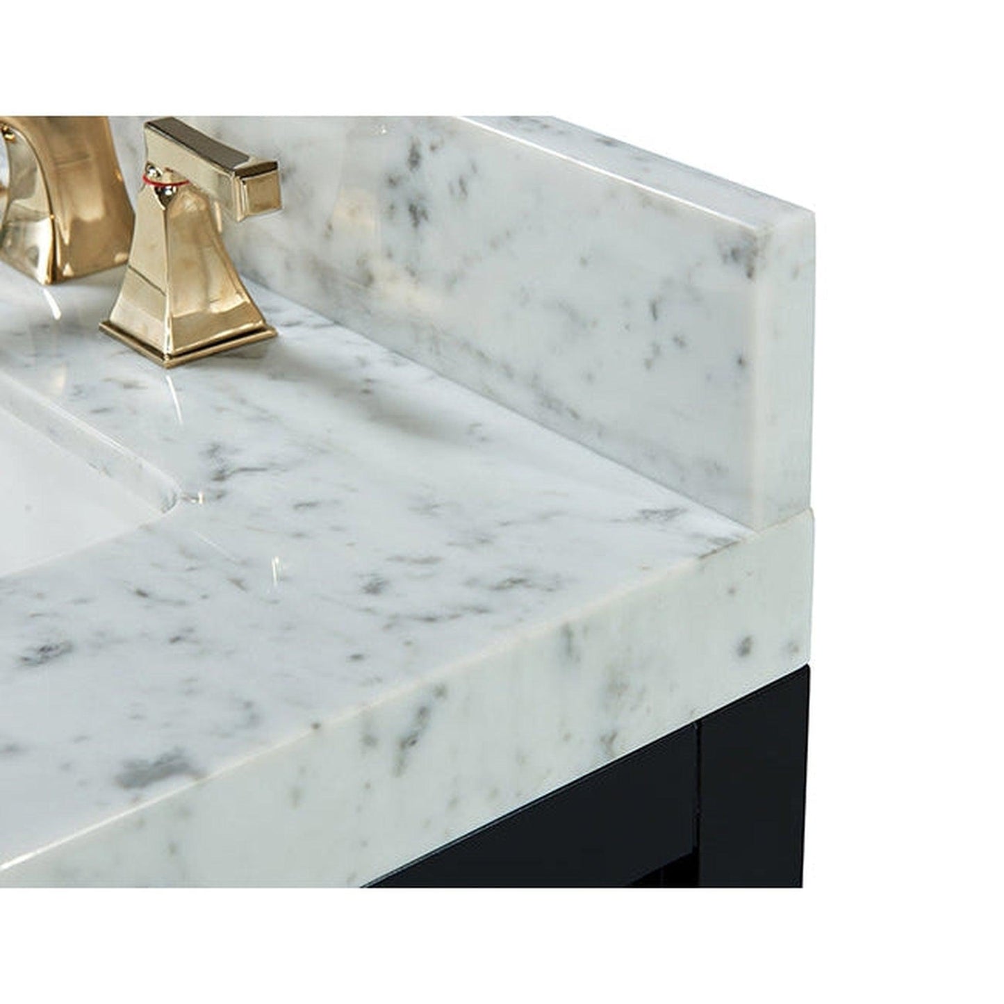 Ancerre Designs Elizabeth 60" Black Onyx 5-Drawer 1-Shelf Bathroom Vanity With Italian Carrara White Marble Vanity Top, Double Undermount Ceramic Sinks, 4" Solid Wood Backsplash and Satin Brushed Gold Hardware