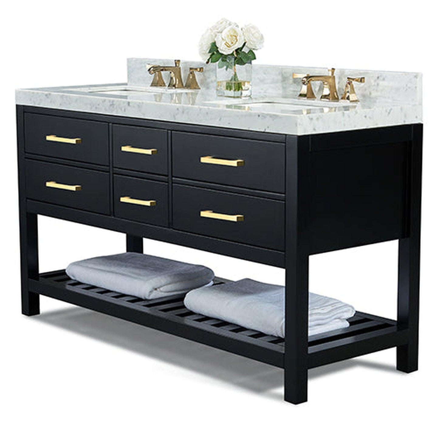 Ancerre Designs Elizabeth 60" Black Onyx 5-Drawer 1-Shelf Bathroom Vanity With Italian Carrara White Marble Vanity Top, Double Undermount Ceramic Sinks, 4" Solid Wood Backsplash and Satin Brushed Gold Hardware