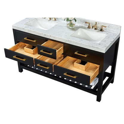 Ancerre Designs Elizabeth 60" Black Onyx 5-Drawer 1-Shelf Bathroom Vanity With Italian Carrara White Marble Vanity Top, Double Undermount Ceramic Sinks, 4" Solid Wood Backsplash and Satin Brushed Gold Hardware