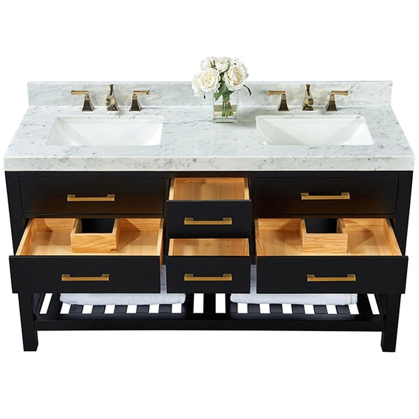 Ancerre Designs Elizabeth 60" Black Onyx 5-Drawer 1-Shelf Bathroom Vanity With Italian Carrara White Marble Vanity Top, Double Undermount Ceramic Sinks, 4" Solid Wood Backsplash and Satin Brushed Gold Hardware