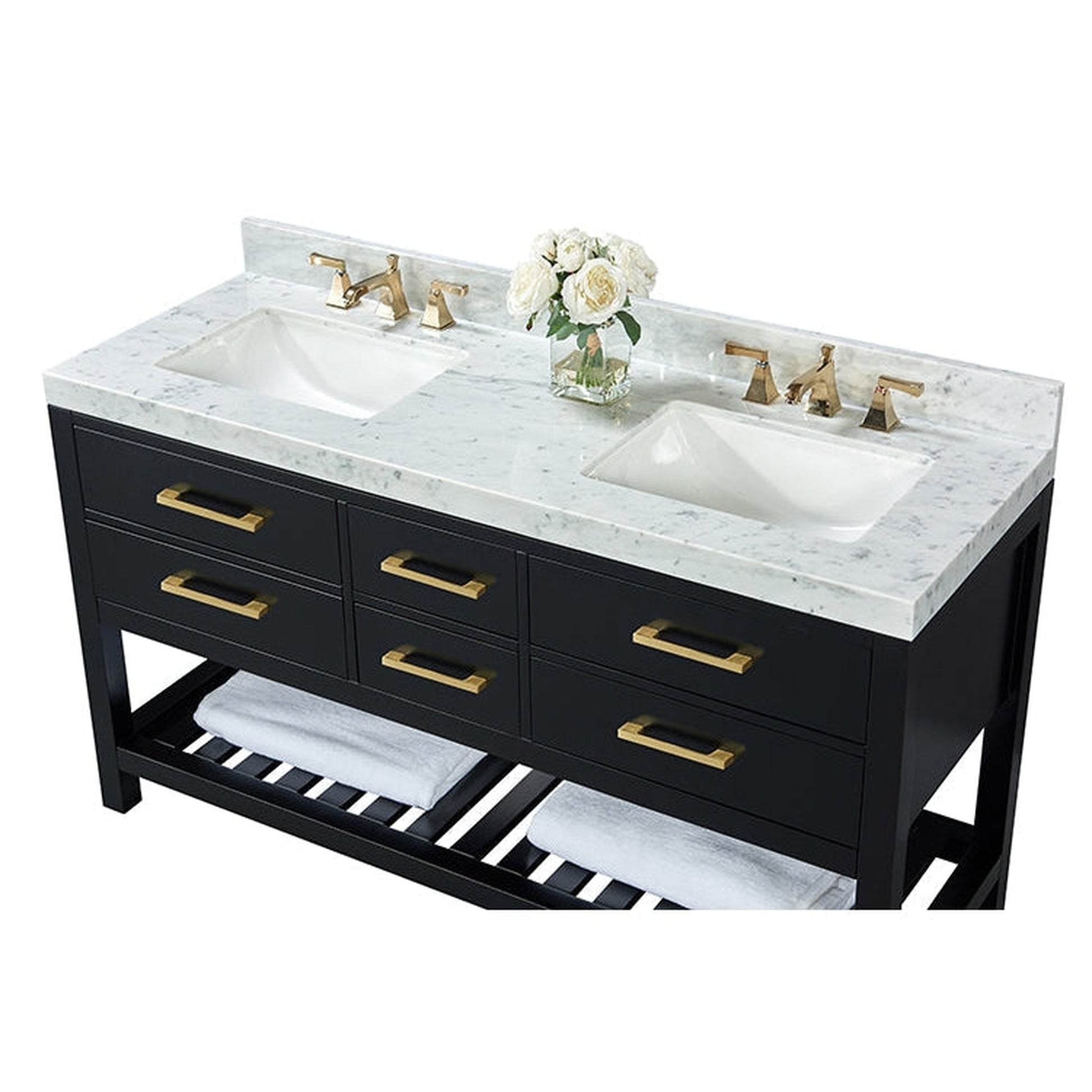 Ancerre Designs Elizabeth 60" Black Onyx 5-Drawer 1-Shelf Bathroom Vanity With Italian Carrara White Marble Vanity Top, Double Undermount Ceramic Sinks, 4" Solid Wood Backsplash and Satin Brushed Gold Hardware