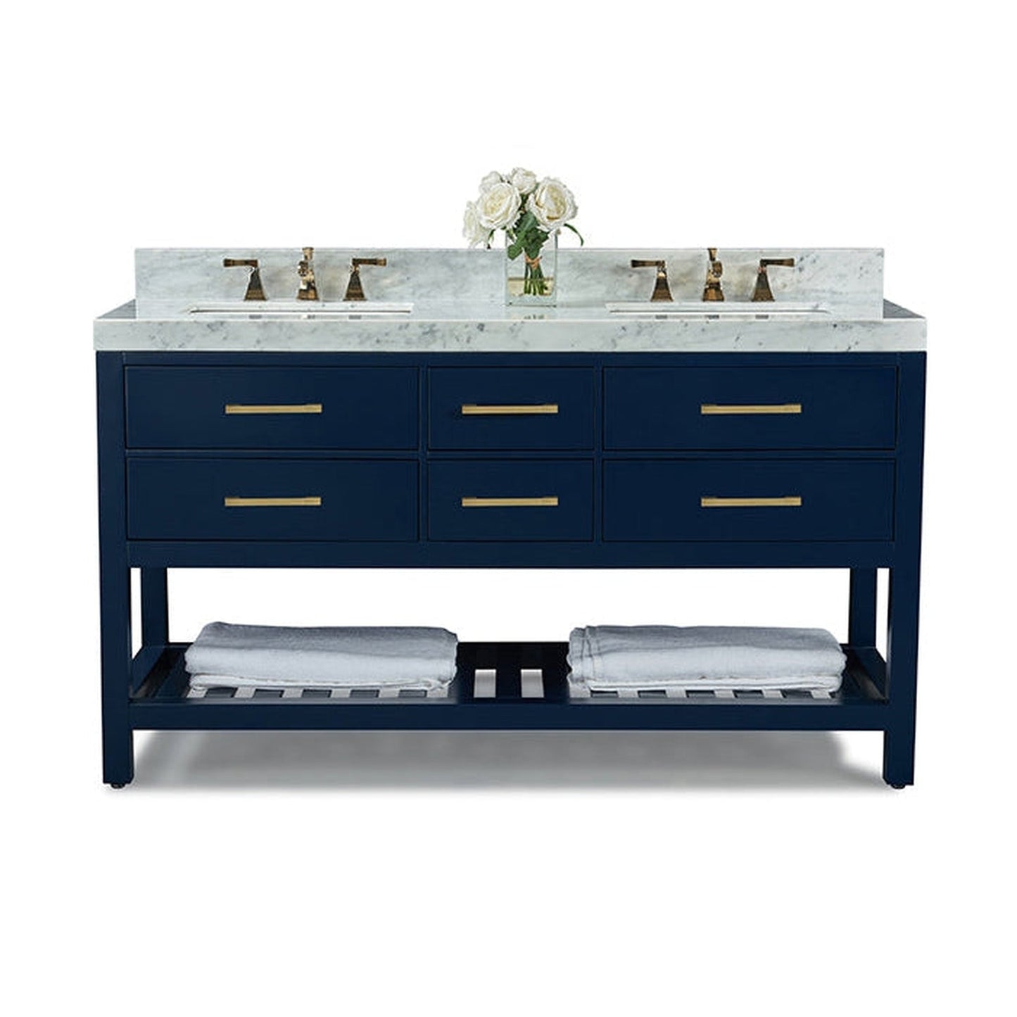 Ancerre Designs Elizabeth 60" Heritage Blue 5-Drawers,1-Shelf Bathroom Vanity With Italian Carrara White Marble Vanity Top, Double Undermount Ceramic Sinks, 4" Solid Wood Backsplash and Satin Brushed Gold Hardware