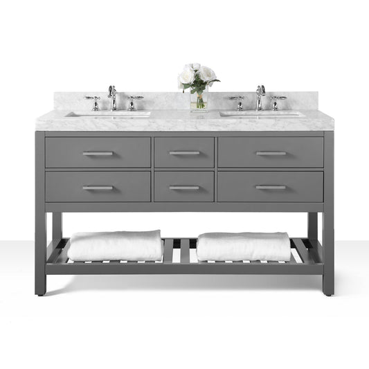 Ancerre Designs Elizabeth 60" Sapphire Gray 5-Drawer 1-Shelve Bathroom Vanity With Italian Carrara White Marble Vanity Top, Double Undermount Ceramic Sinks, 4" Solid Wood Backsplash and Brushed Nickel Hardware
