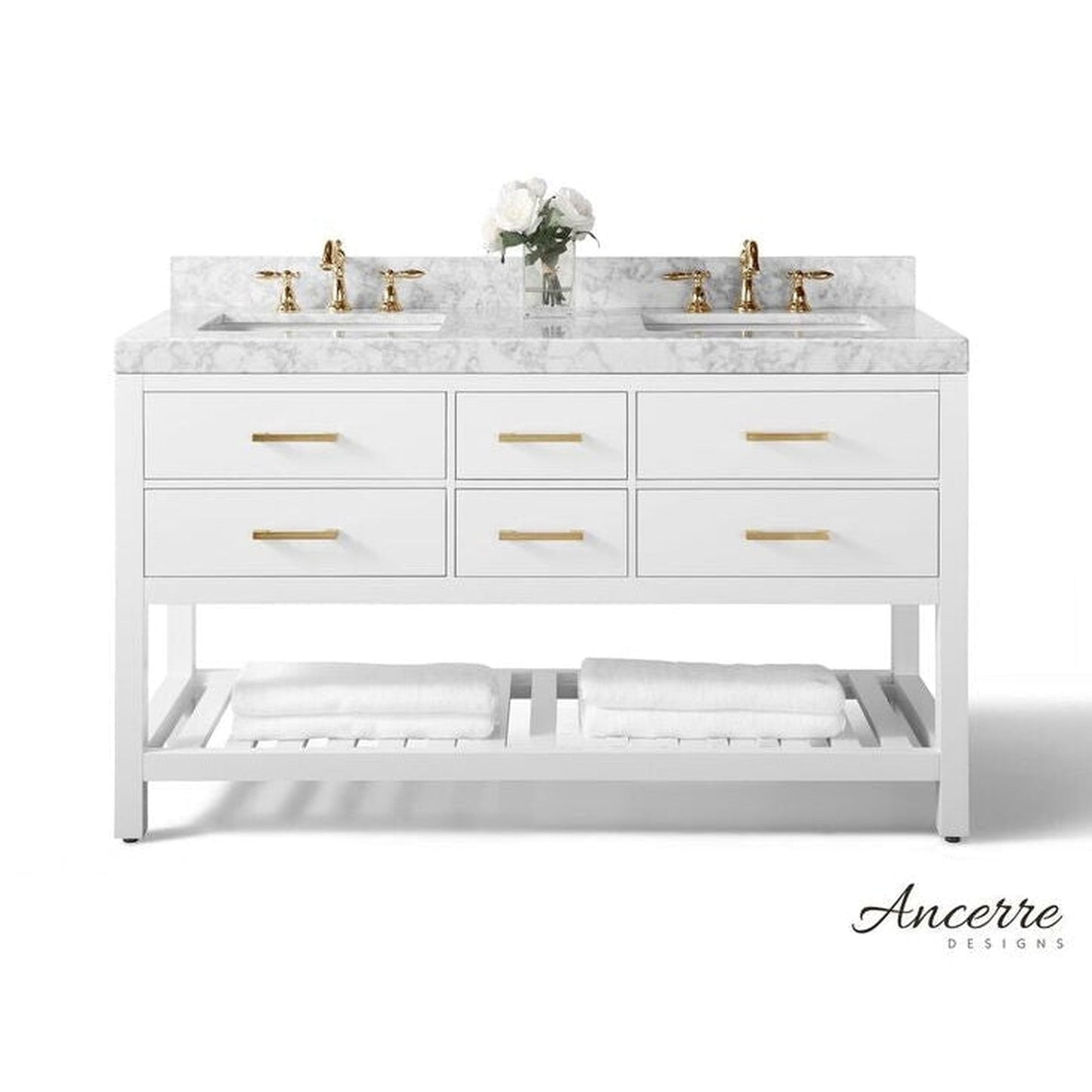 Ancerre Designs Elizabeth 60" White 4-Drawer 1-Shelve Bathroom Vanity With Italian Carrara White Marble Vanity Top, Double Undermount Ceramic Sinks, 4" Solid Wood Backsplash and Satin Brushed Gold Hardware