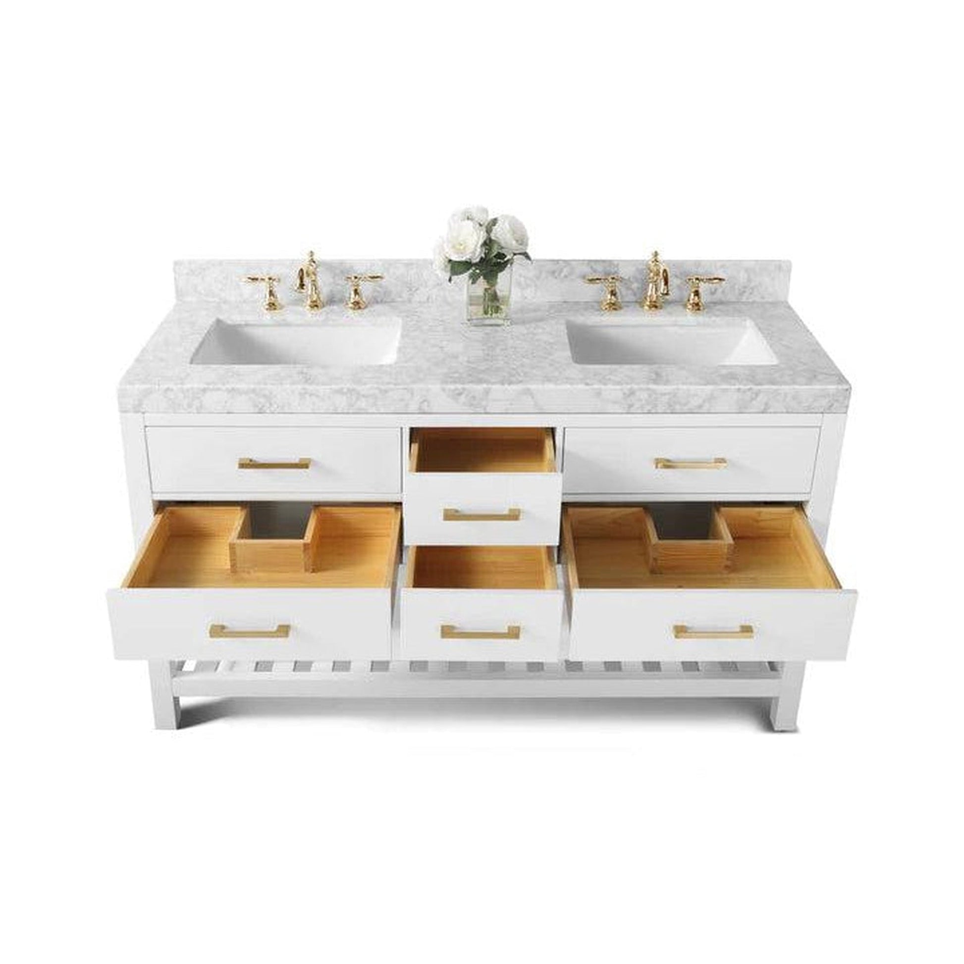 Ancerre Designs Elizabeth 60" White 4-Drawer 1-Shelve Bathroom Vanity With Italian Carrara White Marble Vanity Top, Double Undermount Ceramic Sinks, 4" Solid Wood Backsplash and Satin Brushed Gold Hardware