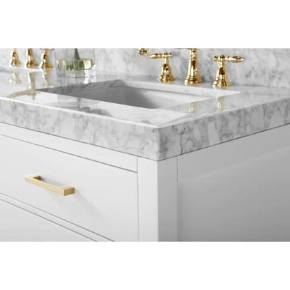 Ancerre Designs Elizabeth 60" White 4-Drawer 1-Shelve Bathroom Vanity With Italian Carrara White Marble Vanity Top, Double Undermount Ceramic Sinks, 4" Solid Wood Backsplash and Satin Brushed Gold Hardware