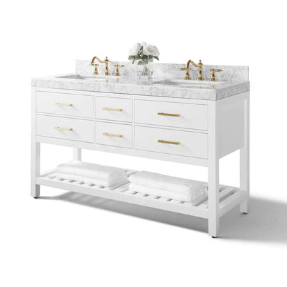 Ancerre Designs Elizabeth 60" White 4-Drawer 1-Shelve Bathroom Vanity With Italian Carrara White Marble Vanity Top, Double Undermount Ceramic Sinks, 4" Solid Wood Backsplash and Satin Brushed Gold Hardware