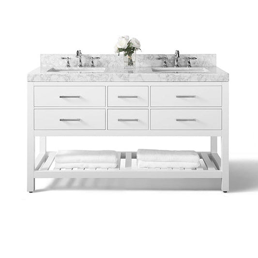 Ancerre Designs Elizabeth 60" White 5-Drawer 1-Shelf Bathroom Vanity With Italian Carrara White Marble Vanity Top, Double Undermount Ceramic Sinks, 4" Solid Wood Backsplash and Brushed Nickel Hardware
