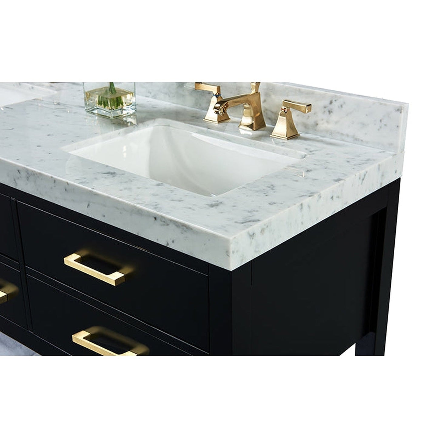 Ancerre Designs Elizabeth 72" Black Onyx 4-Drawer 1-Shelve Bathroom Vanity With Italian Carrara White Marble Vanity Top, Double Undermount Ceramic Sinks, 4" Solid Wood Backsplash and Satin Brushed Gold Hardware