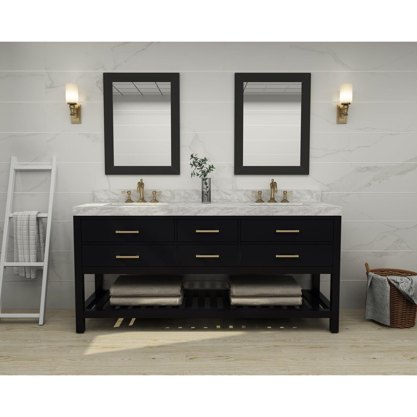 Ancerre Designs Elizabeth 72" Black Onyx 4-Drawer 1-Shelve Bathroom Vanity With Italian Carrara White Marble Vanity Top, Double Undermount Ceramic Sinks, 4" Solid Wood Backsplash and Satin Brushed Gold Hardware