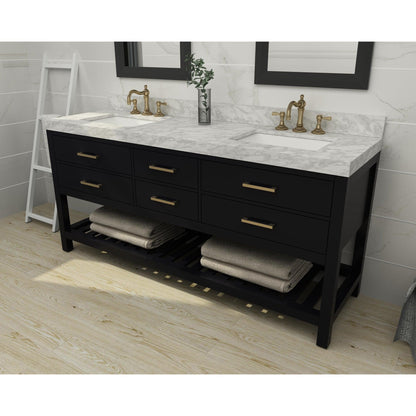 Ancerre Designs Elizabeth 72" Black Onyx 4-Drawer 1-Shelve Bathroom Vanity With Italian Carrara White Marble Vanity Top, Double Undermount Ceramic Sinks, 4" Solid Wood Backsplash and Satin Brushed Gold Hardware