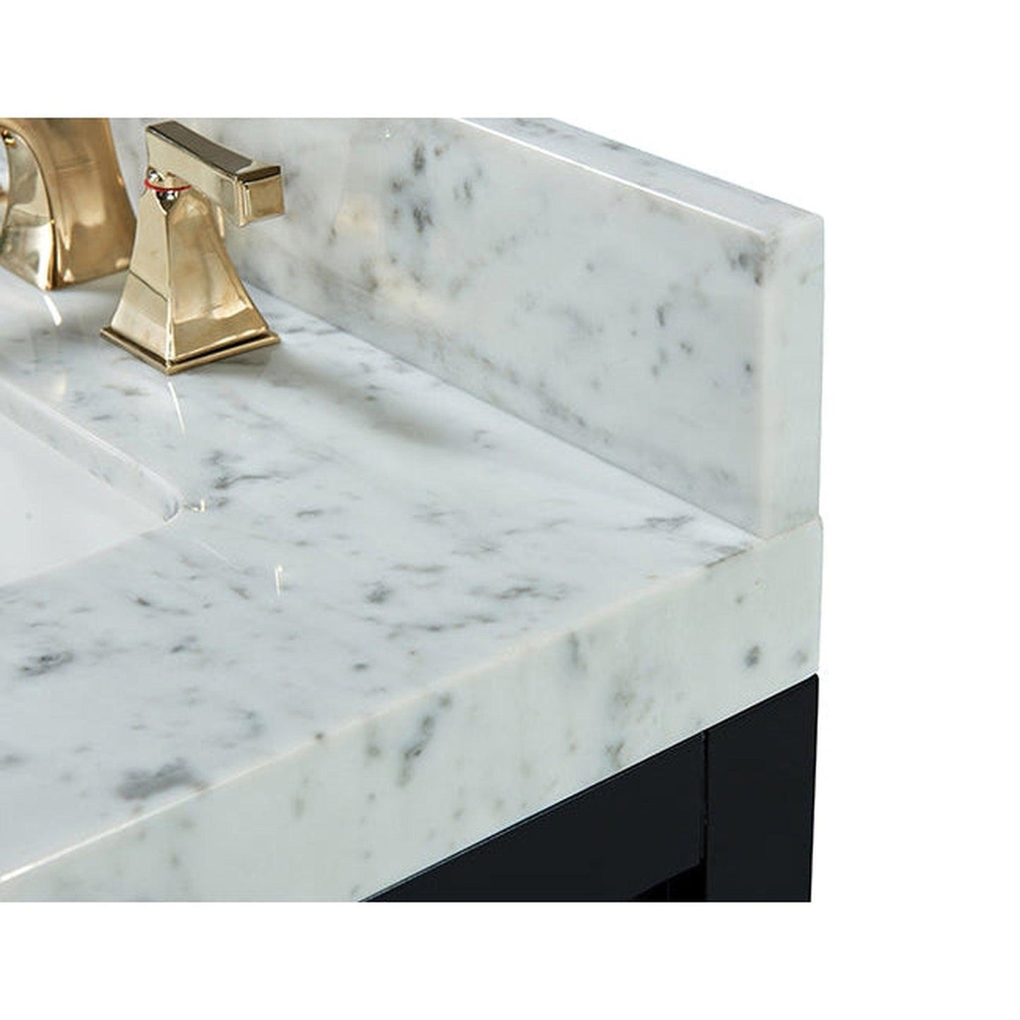 Ancerre Designs Elizabeth 72" Black Onyx 4-Drawer 1-Shelve Bathroom Vanity With Italian Carrara White Marble Vanity Top, Double Undermount Ceramic Sinks, 4" Solid Wood Backsplash and Satin Brushed Gold Hardware