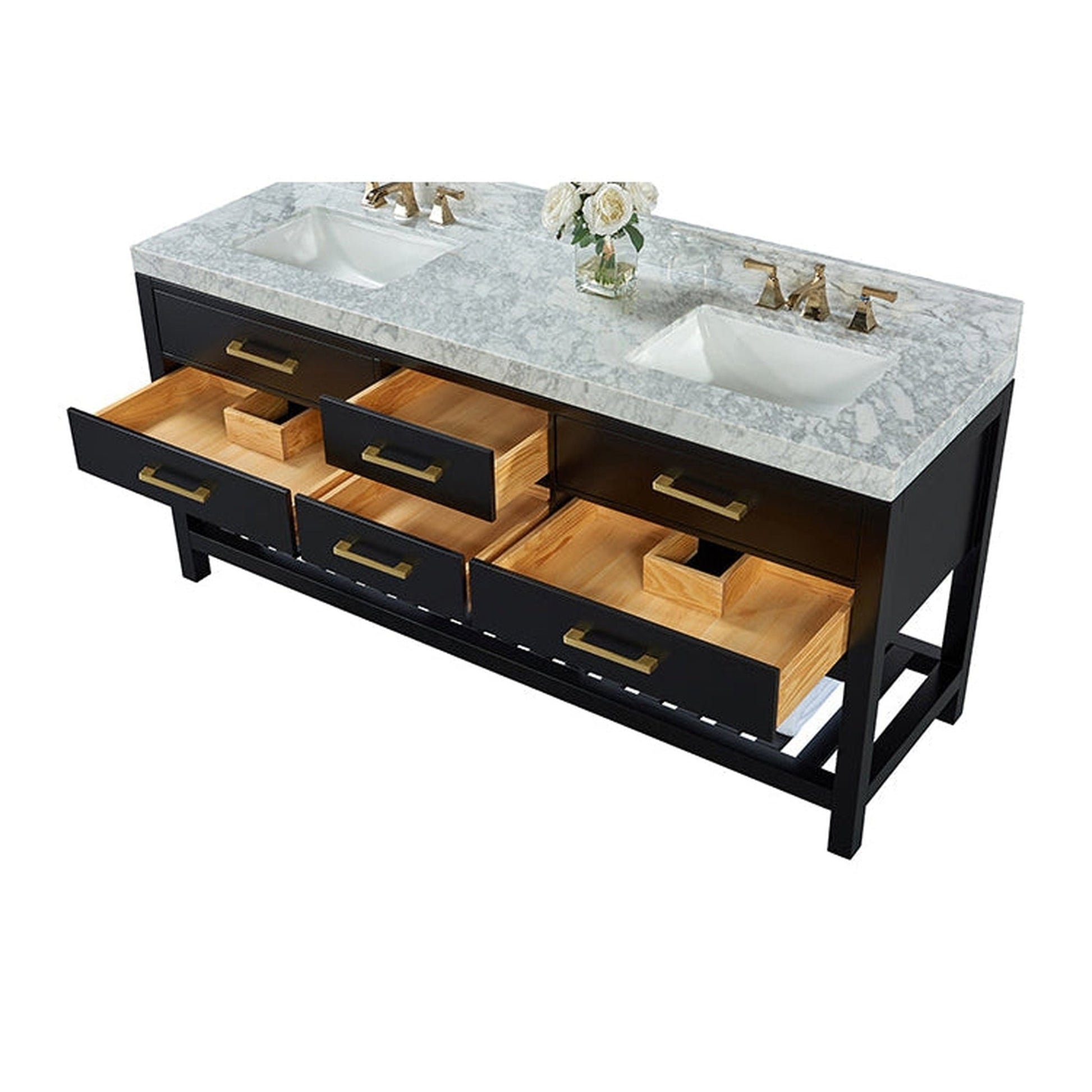 Ancerre Designs Elizabeth 72" Black Onyx 4-Drawer 1-Shelve Bathroom Vanity With Italian Carrara White Marble Vanity Top, Double Undermount Ceramic Sinks, 4" Solid Wood Backsplash and Satin Brushed Gold Hardware