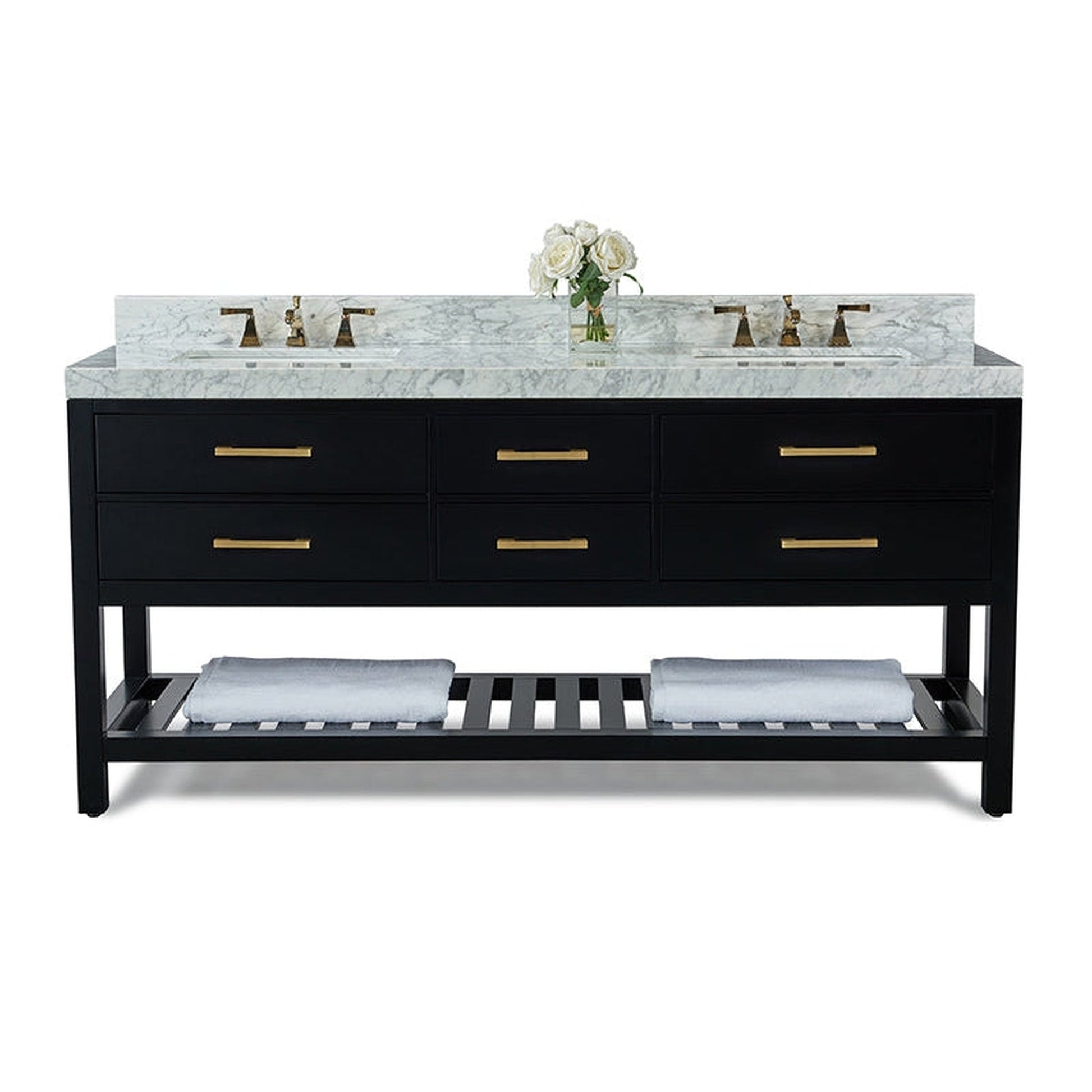 Ancerre Designs Elizabeth 72" Black Onyx 4-Drawer 1-Shelve Bathroom Vanity With Italian Carrara White Marble Vanity Top, Double Undermount Ceramic Sinks, 4" Solid Wood Backsplash and Satin Brushed Gold Hardware