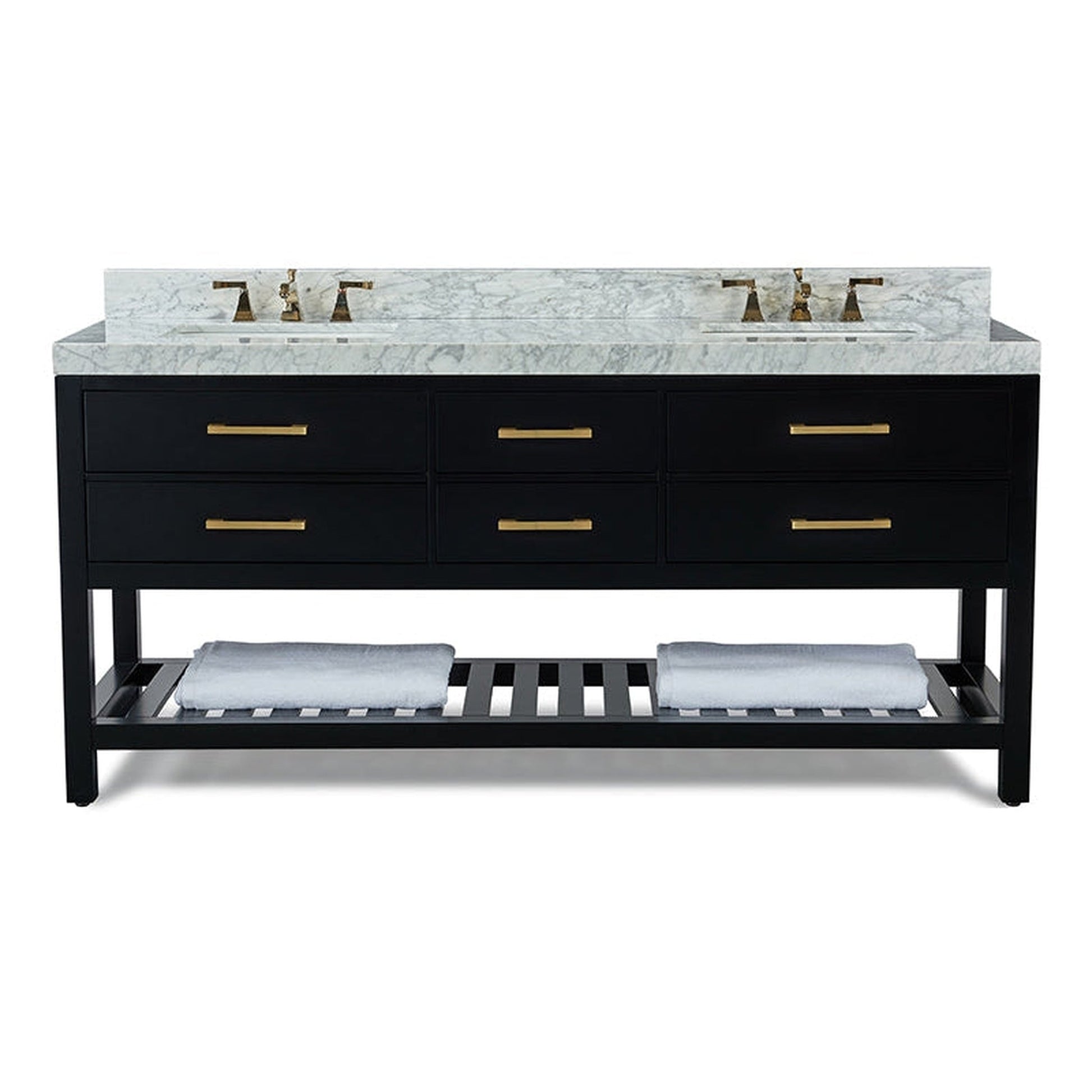 Ancerre Designs Elizabeth 72" Black Onyx 4-Drawer 1-Shelve Bathroom Vanity With Italian Carrara White Marble Vanity Top, Double Undermount Ceramic Sinks, 4" Solid Wood Backsplash and Satin Brushed Gold Hardware