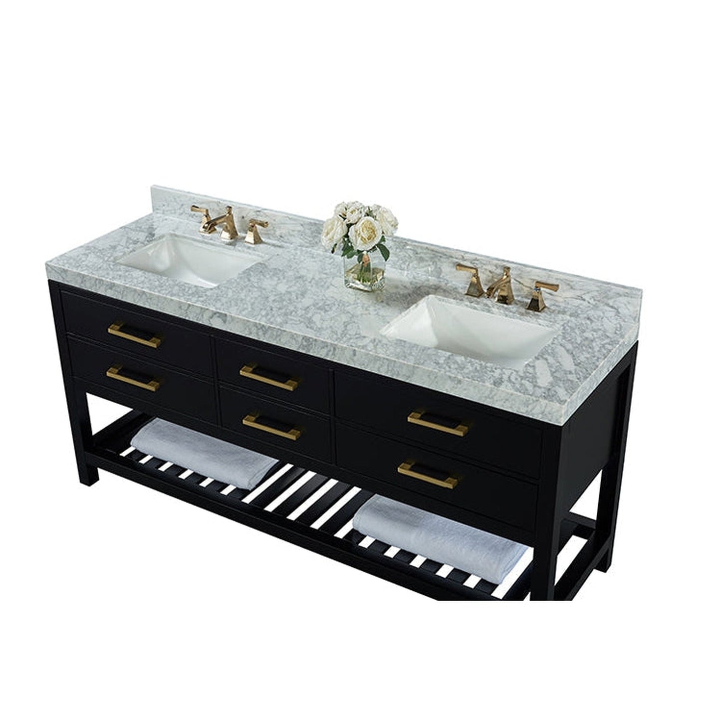 Ancerre Designs Elizabeth 72" Black Onyx 4-Drawer 1-Shelve Bathroom Vanity With Italian Carrara White Marble Vanity Top, Double Undermount Ceramic Sinks, 4" Solid Wood Backsplash and Satin Brushed Gold Hardware