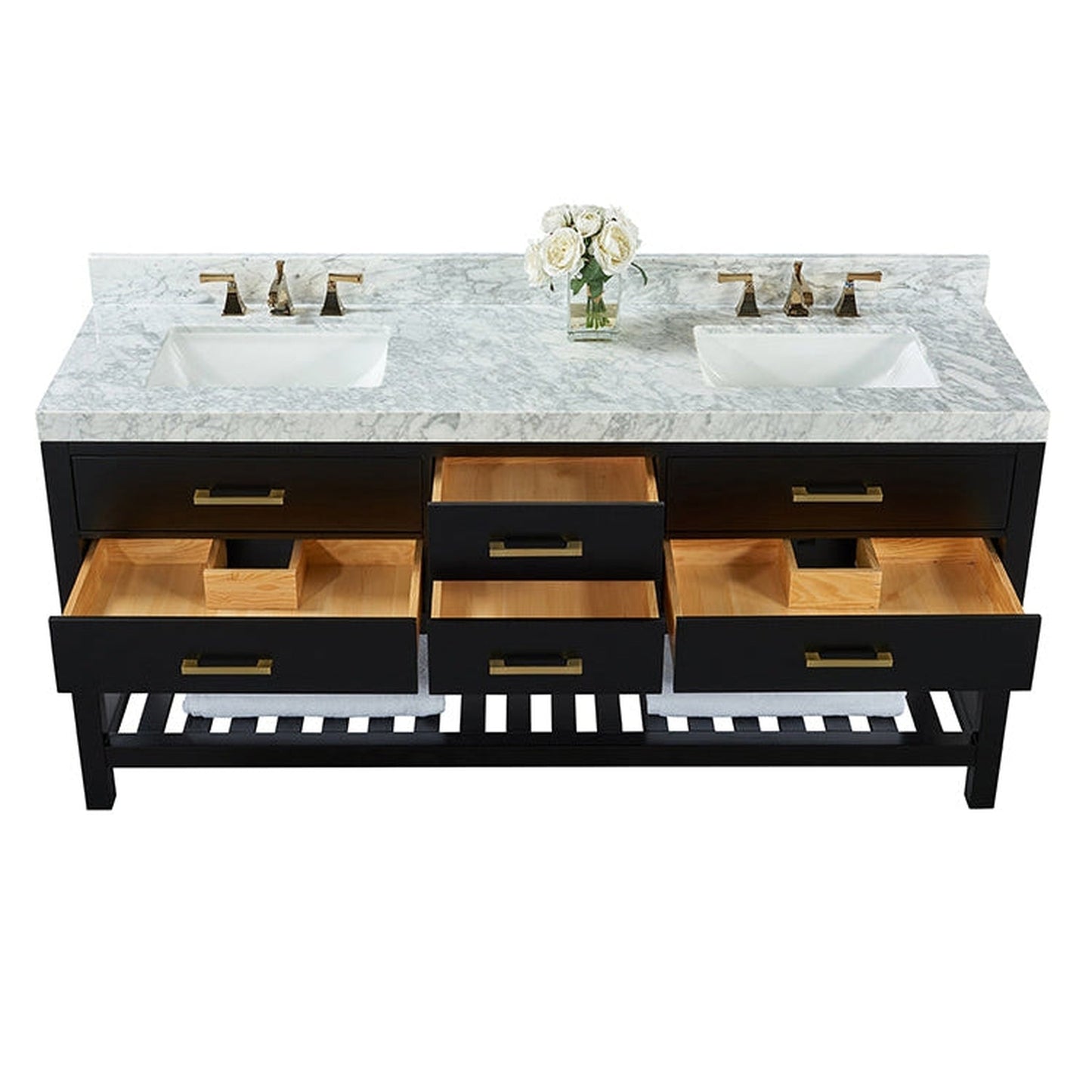 Ancerre Designs Elizabeth 72" Black Onyx 4-Drawer 1-Shelve Bathroom Vanity With Italian Carrara White Marble Vanity Top, Double Undermount Ceramic Sinks, 4" Solid Wood Backsplash and Satin Brushed Gold Hardware