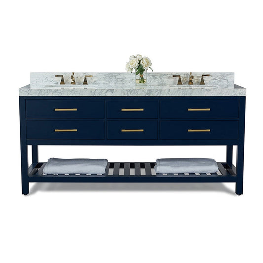 Ancerre Designs Elizabeth 72" Heritage Blue 4-Drawers 1-Shelf Bathroom Vanity With Italian Carrara White Marble Vanity Top, Double Undermount Ceramic Sinks, 4" Solid Wood Backsplash and Satin Brushed Gold Hardware