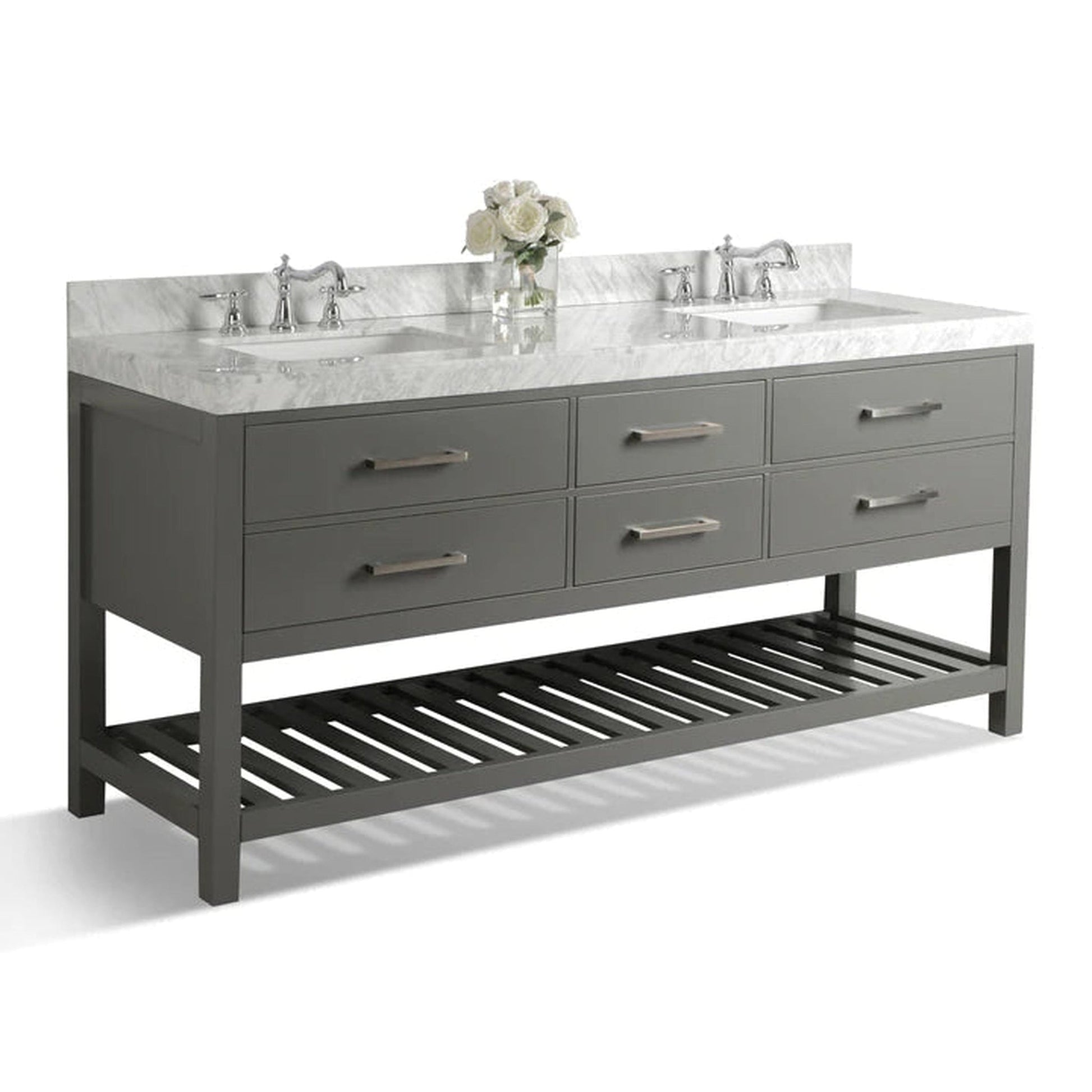 Ancerre Designs Elizabeth 72" Sapphire Gray 4-Drawer 1-Shelf Bathroom Vanity With Italian Carrara White Marble Vanity Top, Double Undermount Ceramic Sinks, 4” Solid Wood Backsplash and Brushed Nickel Hardware