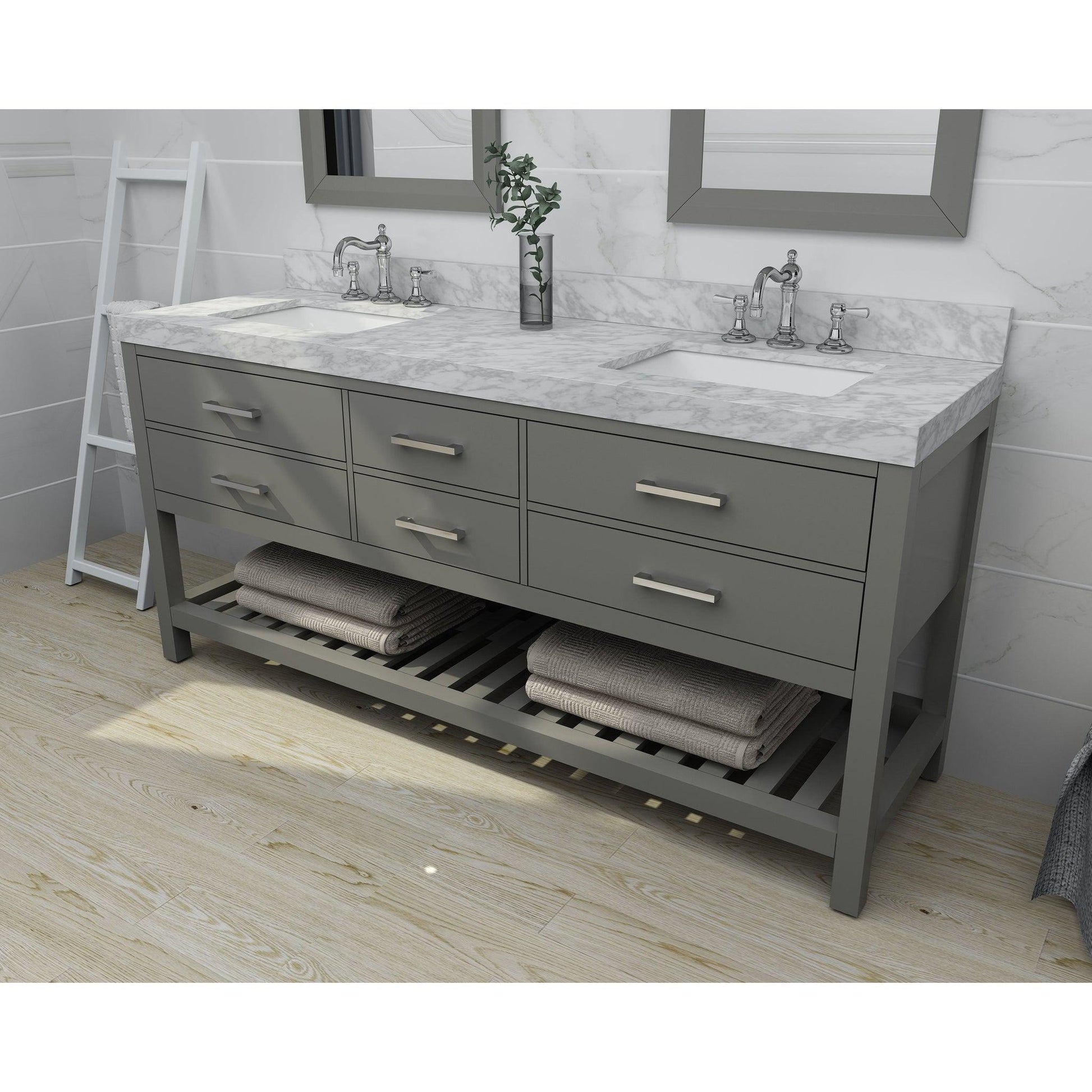 Ancerre Designs Elizabeth 72" Sapphire Gray 4-Drawer 1-Shelf Bathroom Vanity With Italian Carrara White Marble Vanity Top, Double Undermount Ceramic Sinks, 4” Solid Wood Backsplash and Brushed Nickel Hardware