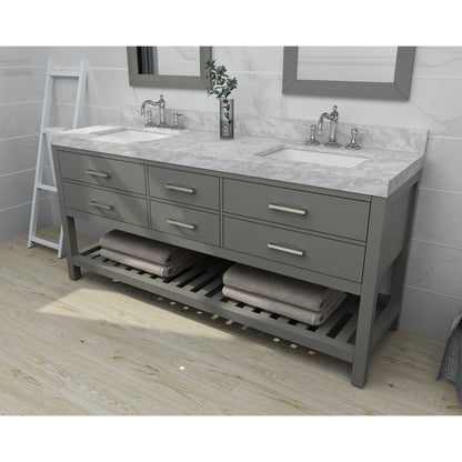 Ancerre Designs Elizabeth 72" Sapphire Gray 4-Drawer 1-Shelf Bathroom Vanity With Italian Carrara White Marble Vanity Top, Double Undermount Ceramic Sinks, 4” Solid Wood Backsplash and Brushed Nickel Hardware