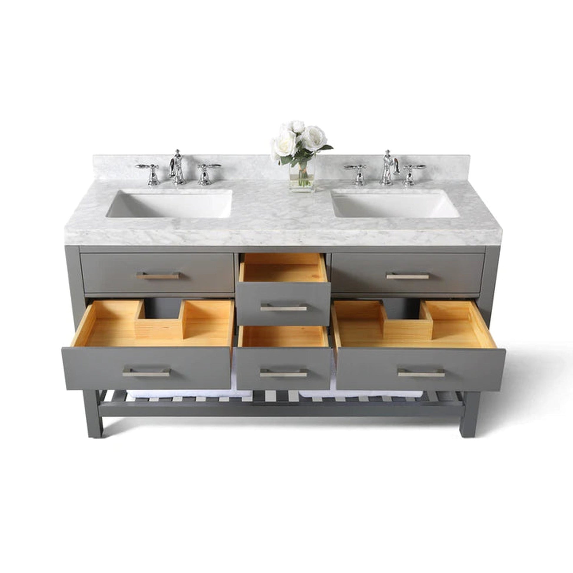 Ancerre Designs Elizabeth 72" Sapphire Gray 4-Drawer 1-Shelf Bathroom Vanity With Italian Carrara White Marble Vanity Top, Double Undermount Ceramic Sinks, 4” Solid Wood Backsplash and Brushed Nickel Hardware