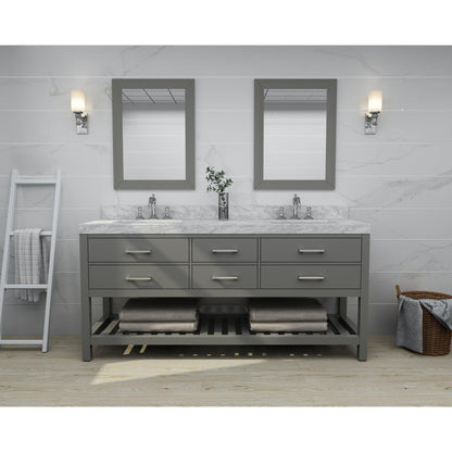 Ancerre Designs Elizabeth 72" Sapphire Gray 4-Drawer 1-Shelf Bathroom Vanity With Italian Carrara White Marble Vanity Top, Double Undermount Ceramic Sinks, 4” Solid Wood Backsplash and Brushed Nickel Hardware