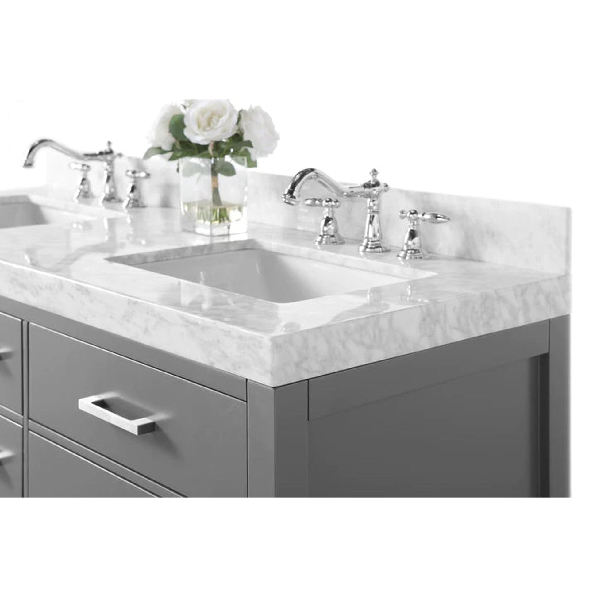 Ancerre Designs Elizabeth 72" Sapphire Gray 4-Drawer 1-Shelf Bathroom Vanity With Italian Carrara White Marble Vanity Top, Double Undermount Ceramic Sinks, 4” Solid Wood Backsplash and Brushed Nickel Hardware