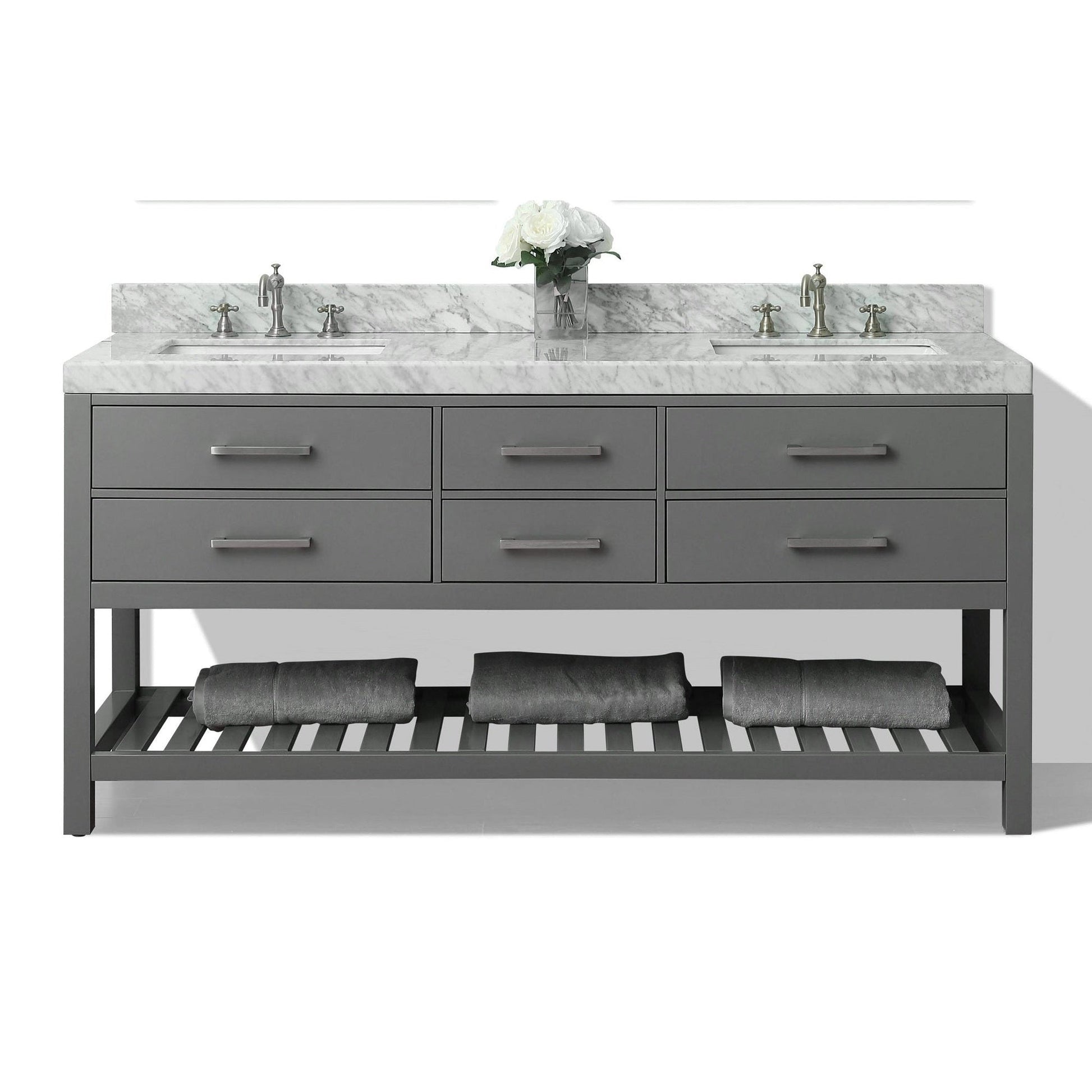 Ancerre Designs Elizabeth 72" Sapphire Gray 4-Drawer 1-Shelf Bathroom Vanity With Italian Carrara White Marble Vanity Top, Double Undermount Ceramic Sinks, 4” Solid Wood Backsplash and Brushed Nickel Hardware